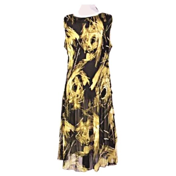 Dress Sleeveless Ruffled Front Midi Length Black &  Yellow  Palm Print Size Lg - Picture 2 of 8